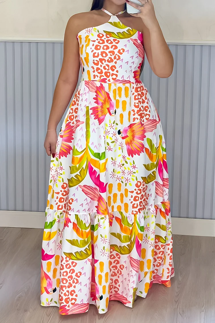 Birds Mixed Print Halter Neck A-Line Vacation Maxi Dresses-White