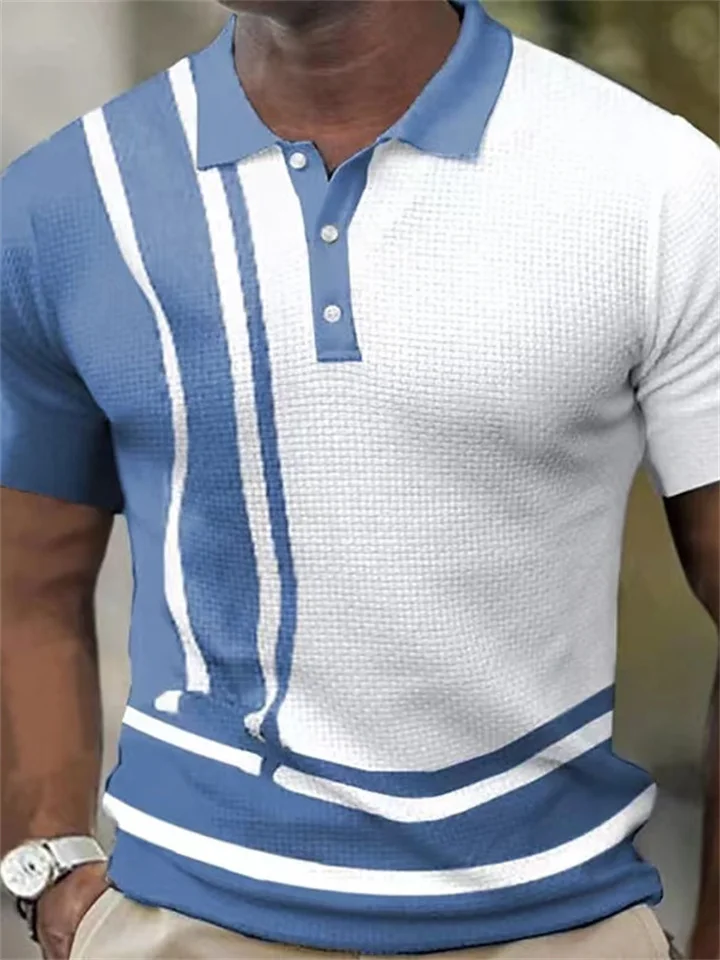 Men's Polo Shirt Short-sleeved Color Blocking Striped Button Waffle T-shirt Gray Green Blue Khaki | 168DEAL