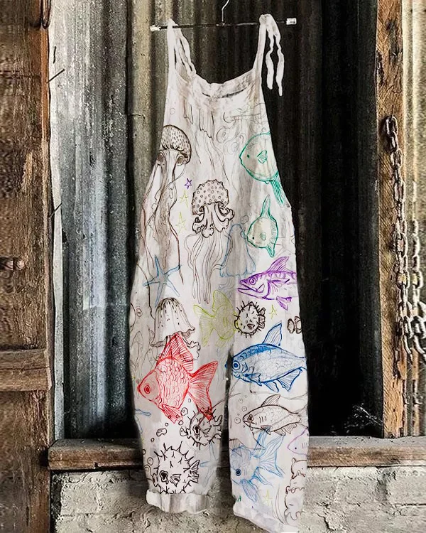 Vintage Watercolor Ocean Animals Print Loose Jumpsuit