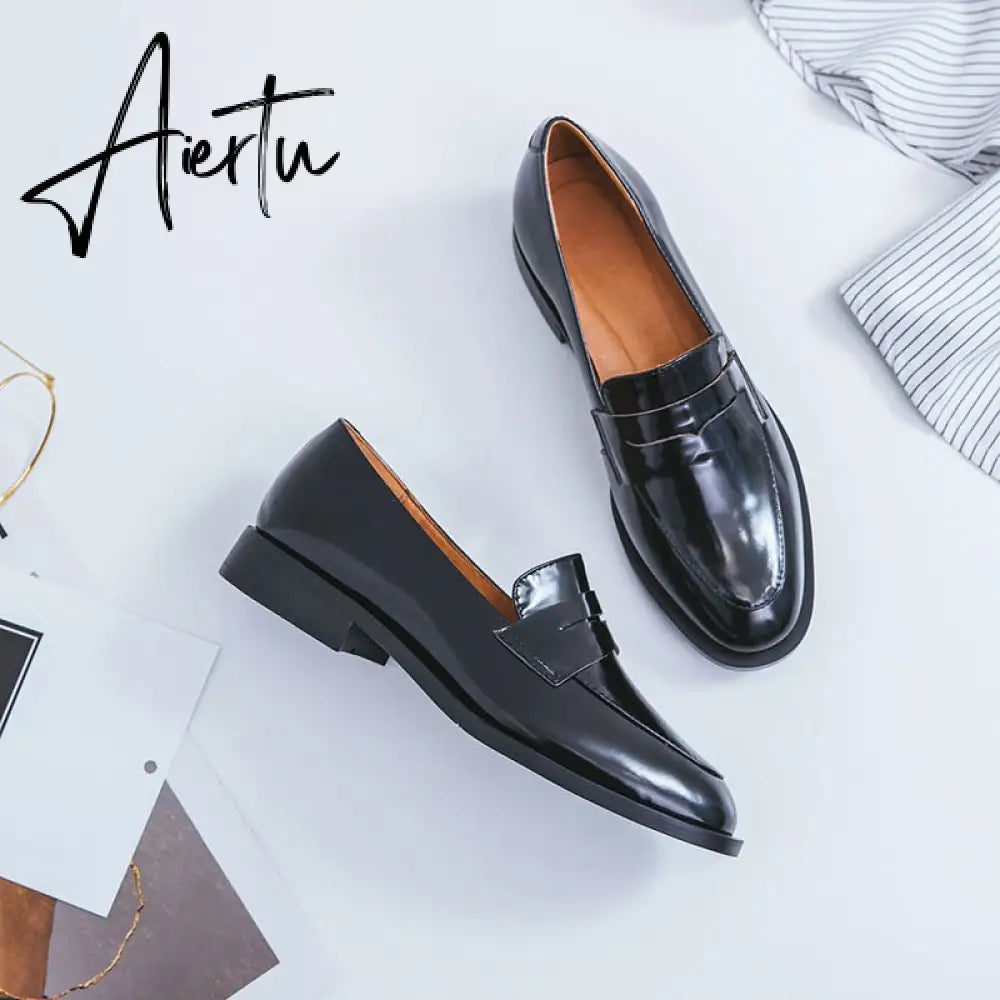 Aiertu ladies Leather shoes British style plus size 22-26.5cm women pumps loafers lazy shoes womens platform heels black shoes Aiertu