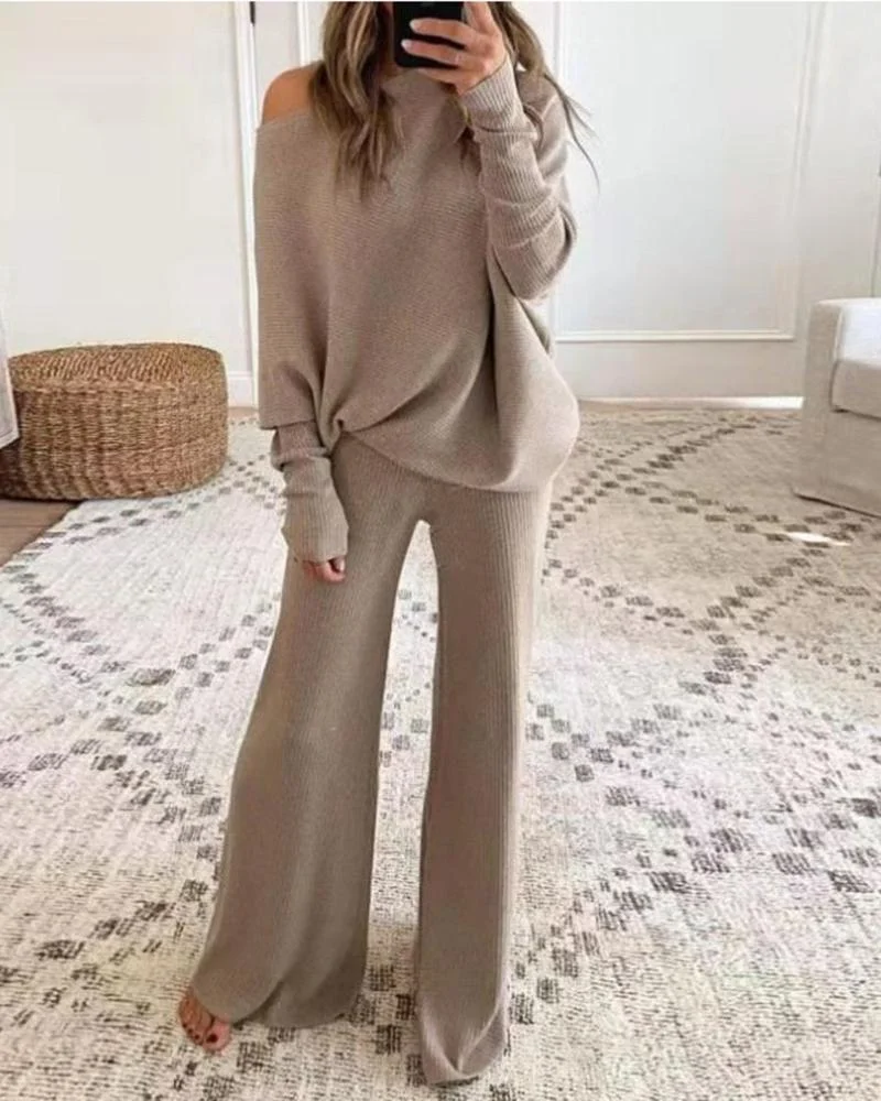 Casual Solid Color One-Shoulder Ladies Knit Set