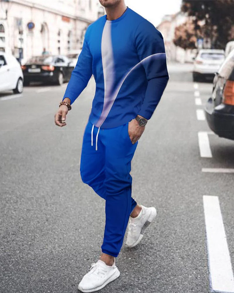 Men's casual color-block print color-block long-sleeved sports set 023