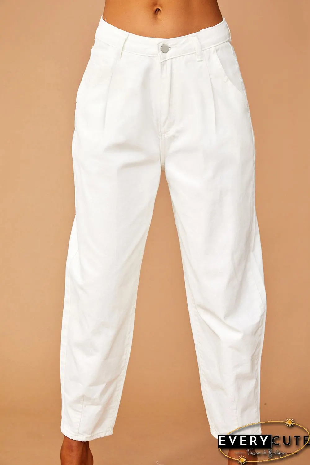 White Solid High Waist Casual Pants