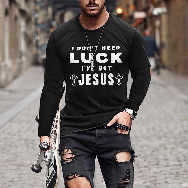 BrosWear Men's Jesus Alphabet Printed Casual Long Sleeve T-Shirt