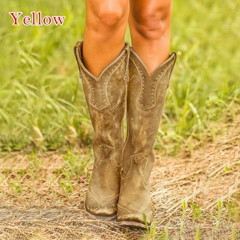 Fashion Rivet High Top Cowboy Boots Retro Pu Leather Women's Boots Pointed Long Boots Roman Style Female Boots Autumn Winter2021