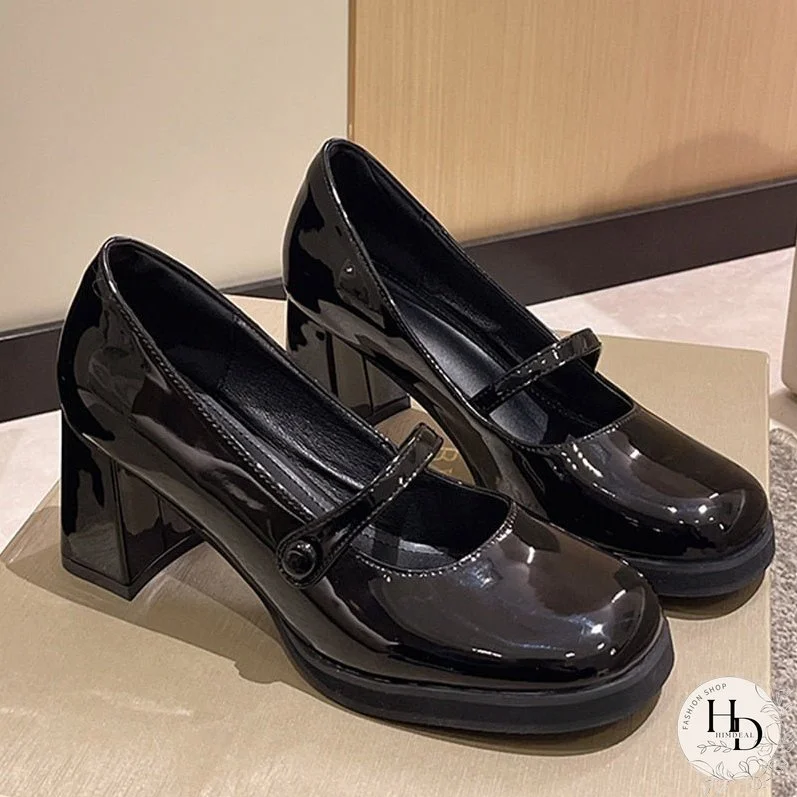 Joskka Vintage Thick High Heels Mary Jane Shoes Women Patent Leather Brown Shoes Woman Round Toe Chunky Heels Pumps Autumn Shoes