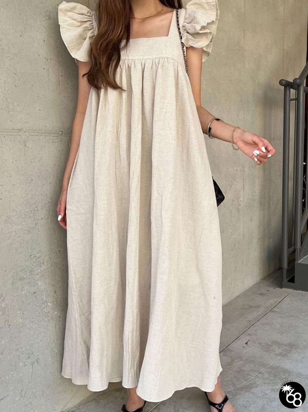 Cotton and Linen Retro Elegant Square Neck Pleated High Waist Flying Sleeve Long Dress | 168DEAL