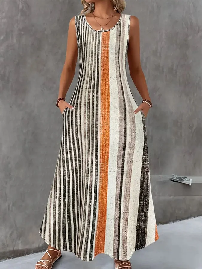 Women's Casual Round Neck Sleeveless Striped Print Dress