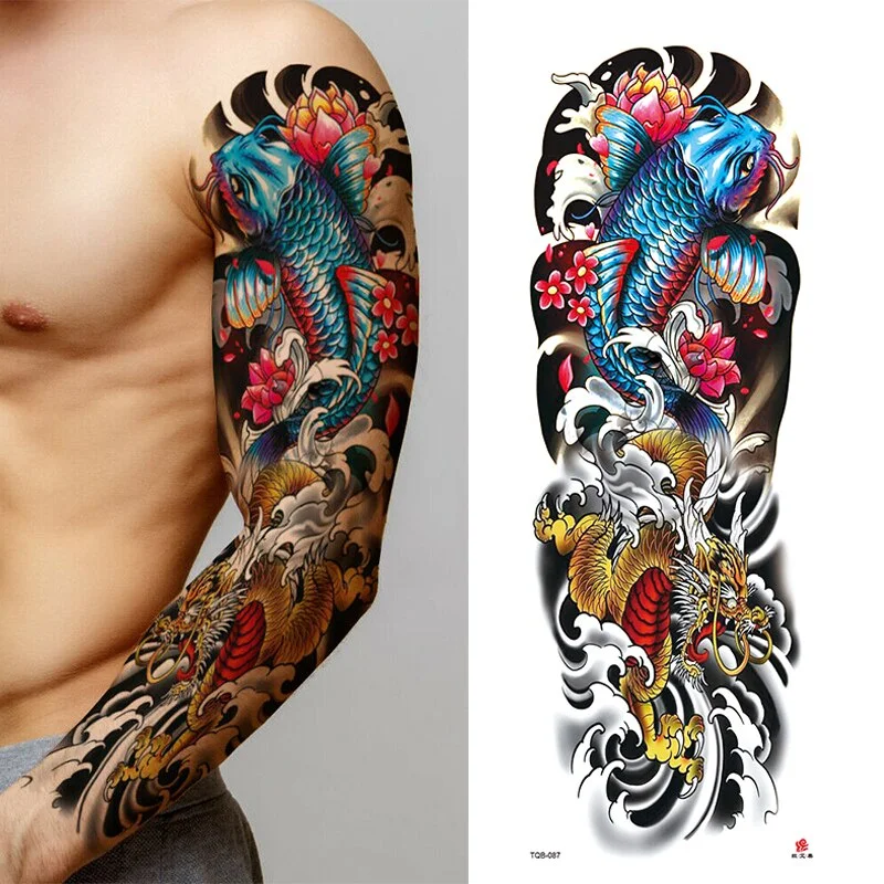 Sdrawing Temporary Full Arm Tattoos Man Women Cool Leg Art Tiger Wolf Black Sleeve Large Fake Sticker Glitter Multiple Style