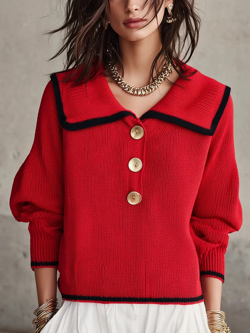 Women Red Sailor Collar Knit Sweater