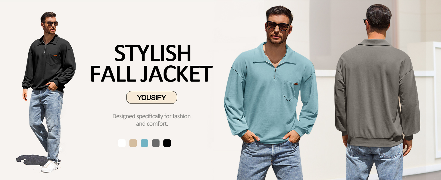 Mens Casual Quarter Zip Lightweight Cotton Loose Fit Jackets