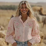 Women's Retro Pink Floral Pattern Long Sleeve Shirt - Image 2
