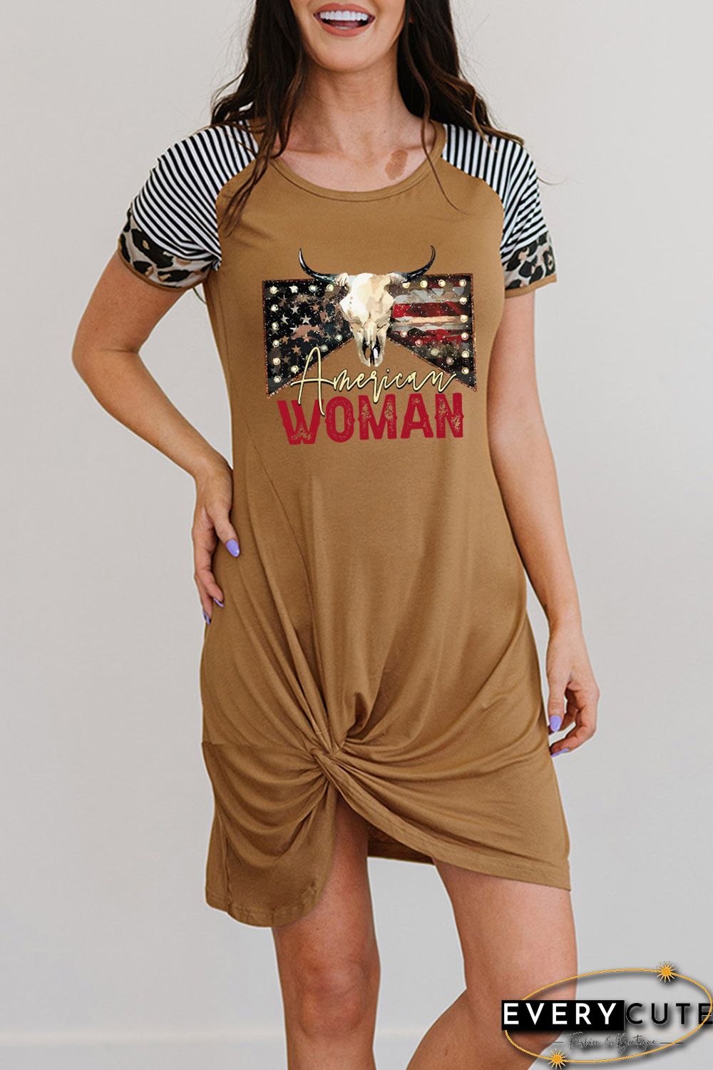Brown Independence Day Graphic Print Contrast Sleeve Dress