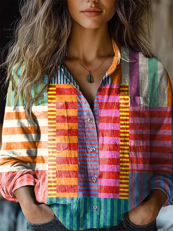 Womens Retro Abstract Geometric Print Casual Shirt