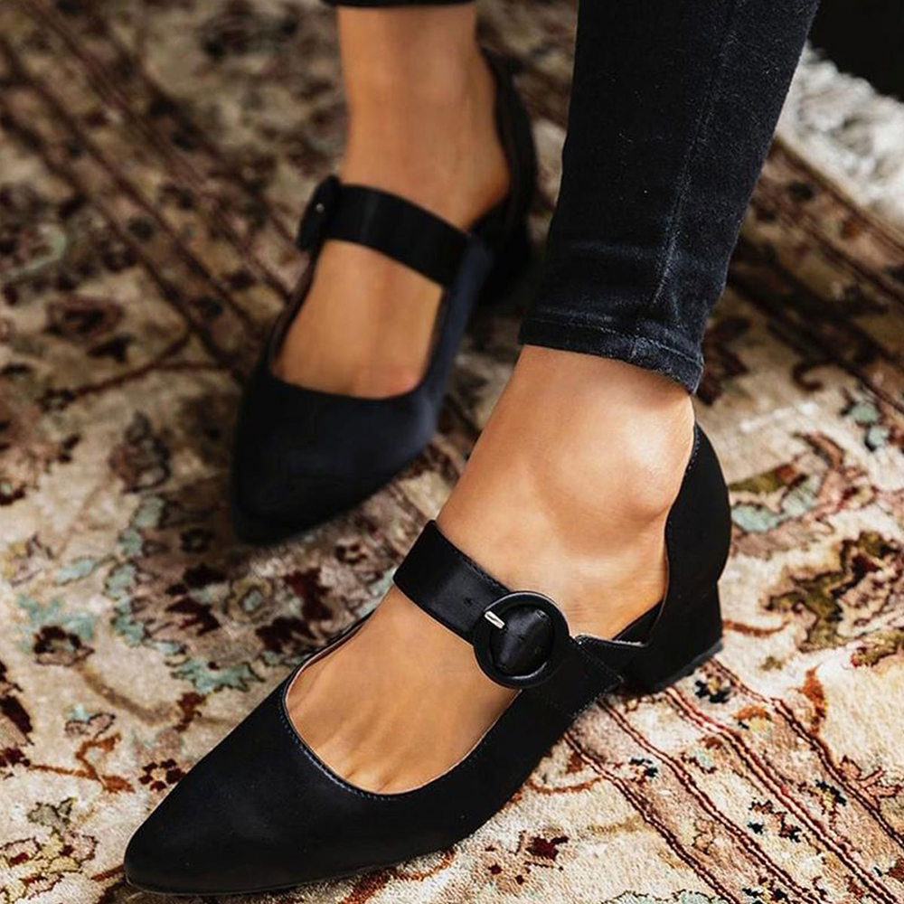 Black Satin Pointed Toe Chunky Heel Pumps Nicepairs