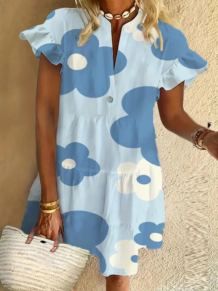 Flower ruffle short-sleeved V-neck button dress holiday beach dress