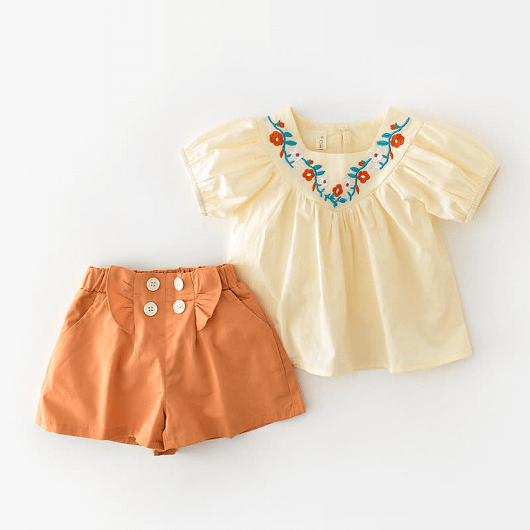 Baby Embroidered Flower Blouse and Shorts Set
