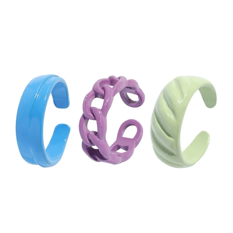Dvacaman 2021 New Trendy Hand-Painted Candy Color Dripping Oil Geometric Chain Rings Set for Women Colorful Irregular Open Rings
