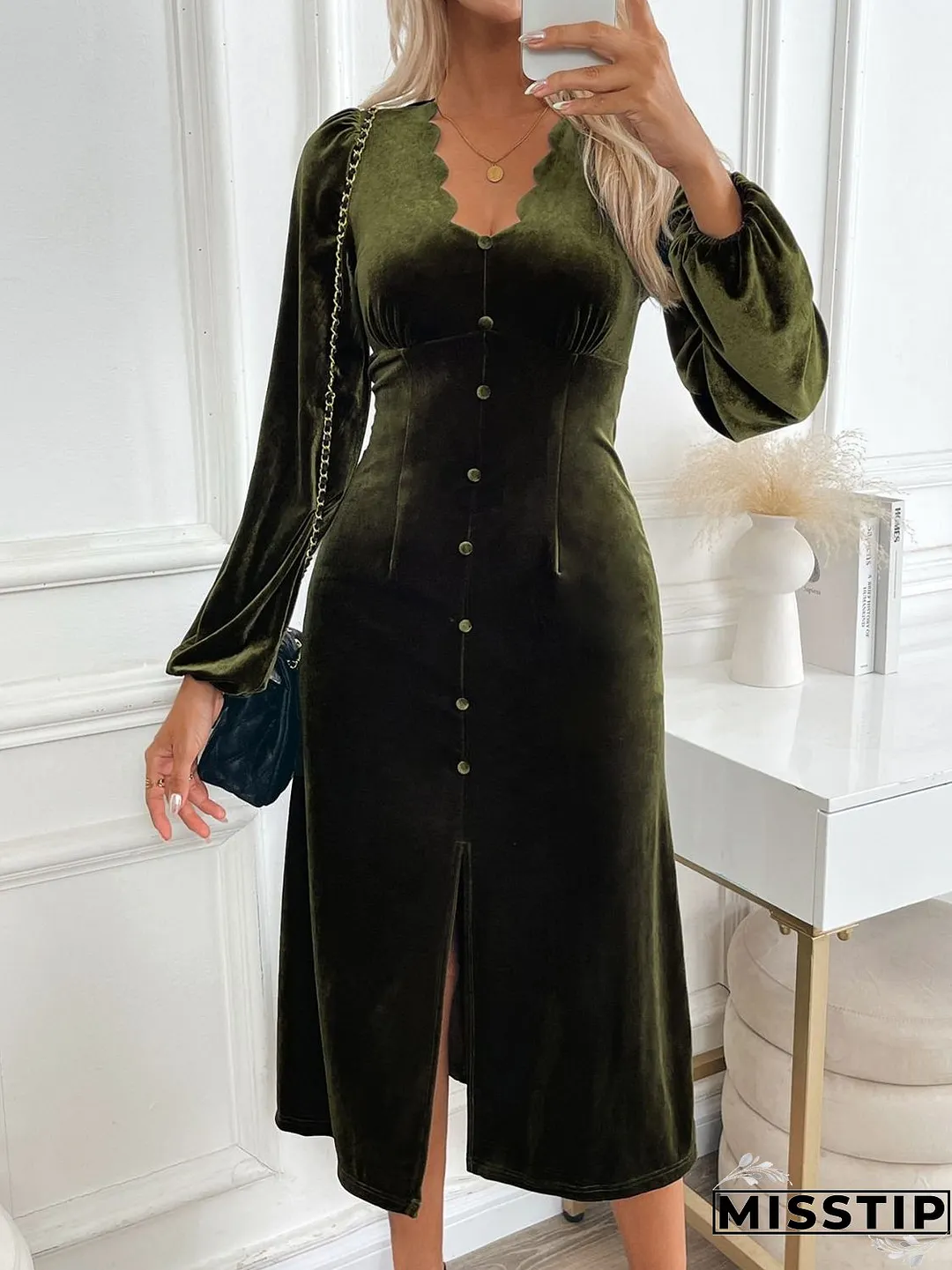 Perfee Slit V-Neck Long Sleeve Midi Dress