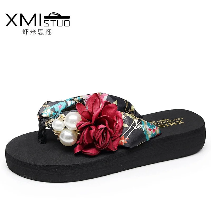 3cm High Heel Women's Beach Slippers for Women In Summer with Thick Heeled Sandals Flower Wedge Slippers  Women  house shoes