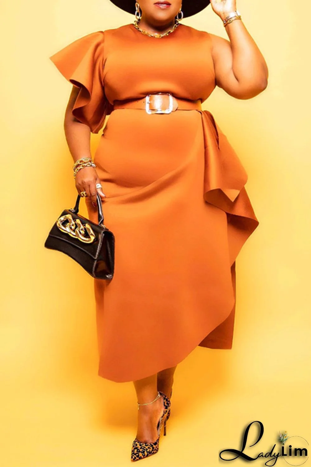 Orange Fashion Casual Plus Size Solid Split Joint O Neck Irregular Dress (Without Belt)