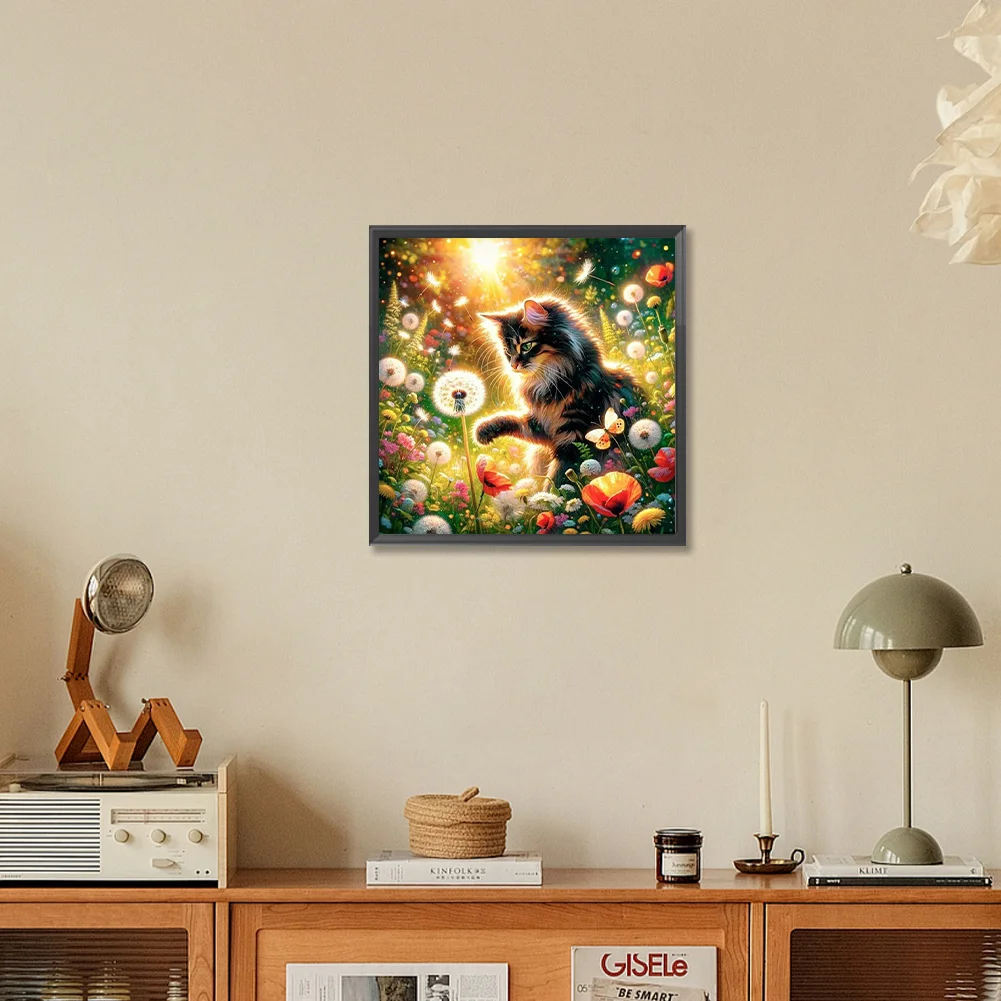 Full Round Diamond Painting 30*30cm - Dandelion And Cat