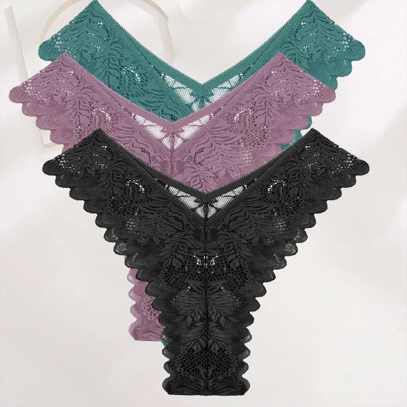 FINETOO 3PCS/Set Lace Gstring Panties Women Sexy M-XL Girls Thongs Perspective Temptation New Pantys Underwear Female Intimates