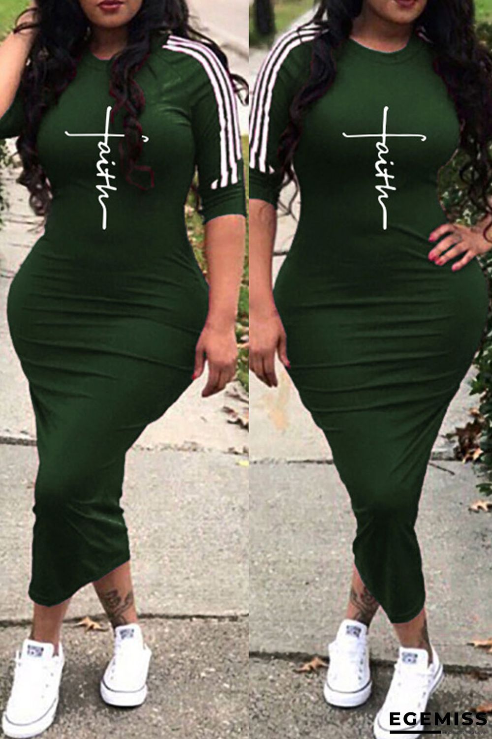 Army Green Fashion Casual Print Patchwork O Neck One Step Skirt Dresses | EGEMISS