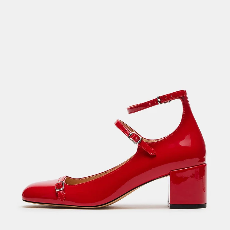 Women's Vintage Red Chunky Heel Ankle Straps Mary Jane Shoes |FSJ Shoes