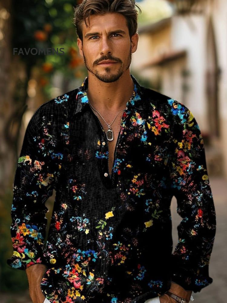 Men’s Vintage Art Floral Leaf Print Cotton And Linen Casual Shirt Multicolor / S