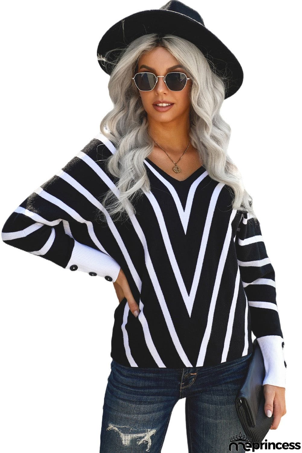 Khaki V Neck Popper Cuff Striped Casual Sweater