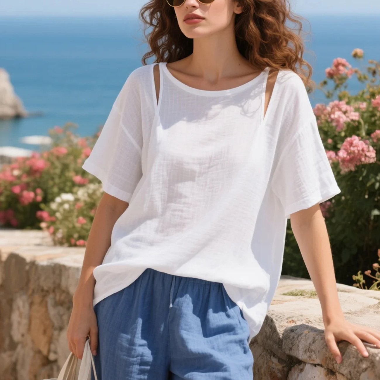 Women's Loose And Comfortable Shoulder Straps Hollow Design Short-sleeved Linen Top Daily Basic Style Home Leisure Brea