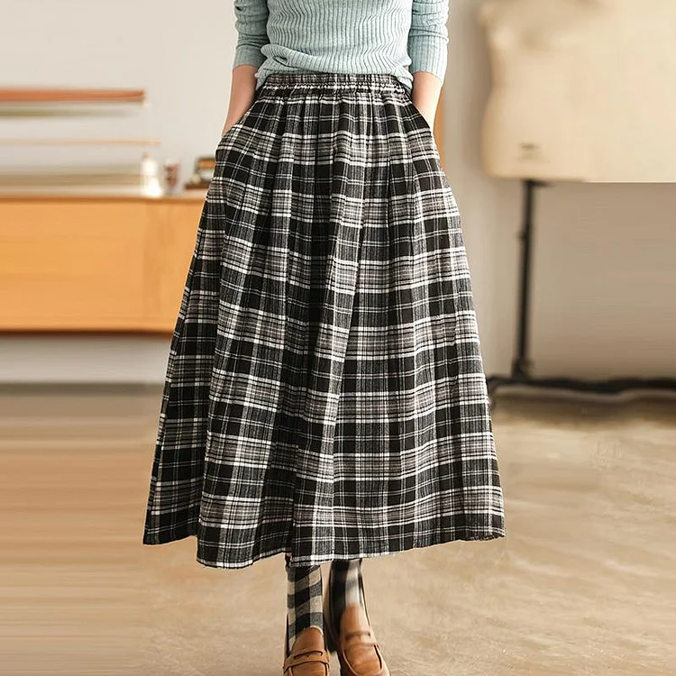 Women Plaid Pocket A-Line Vintage Elastic Waist Skirt
