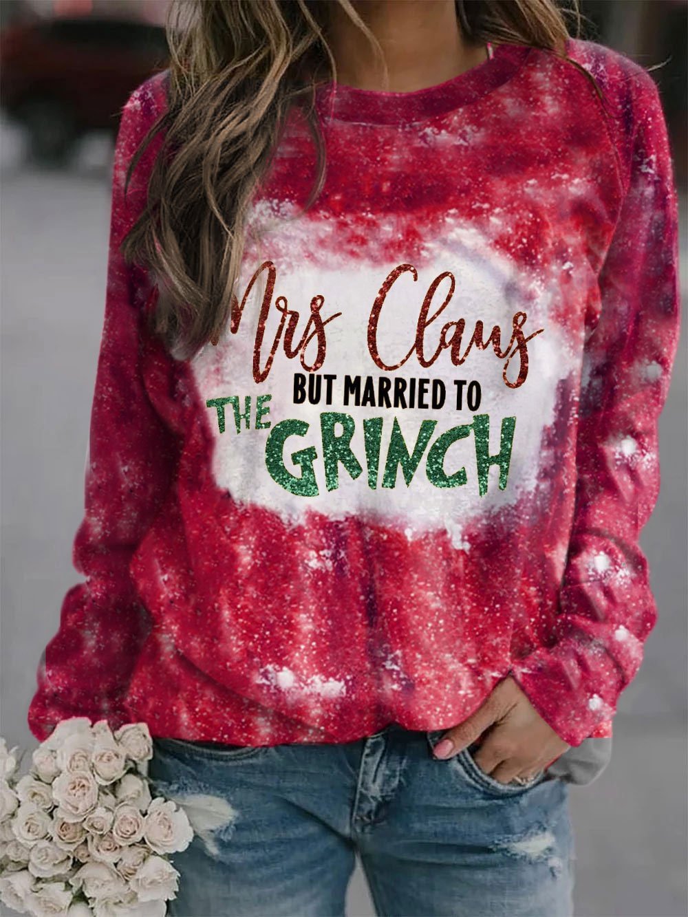 Women's Mrs. Claus But Married To The Grinch Print Sweatshirt
