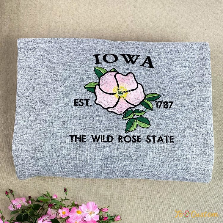 TOSCUSTOM™ Embroidered Iowa State 1787 Wild Rose Flower Hoodie