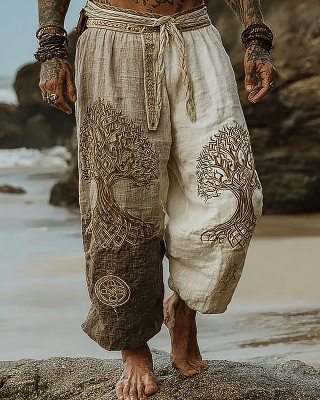 Men's casual Viking themed Tree of Life 3D embroidered linen pants c483
