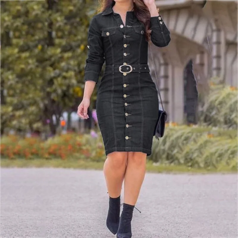 Umeko Women Vintage Long Sleeve Button Up Knee Length Pencil Denim Dress Active Wear Vintage Bodycon Midi Dresses Belt Vestidos