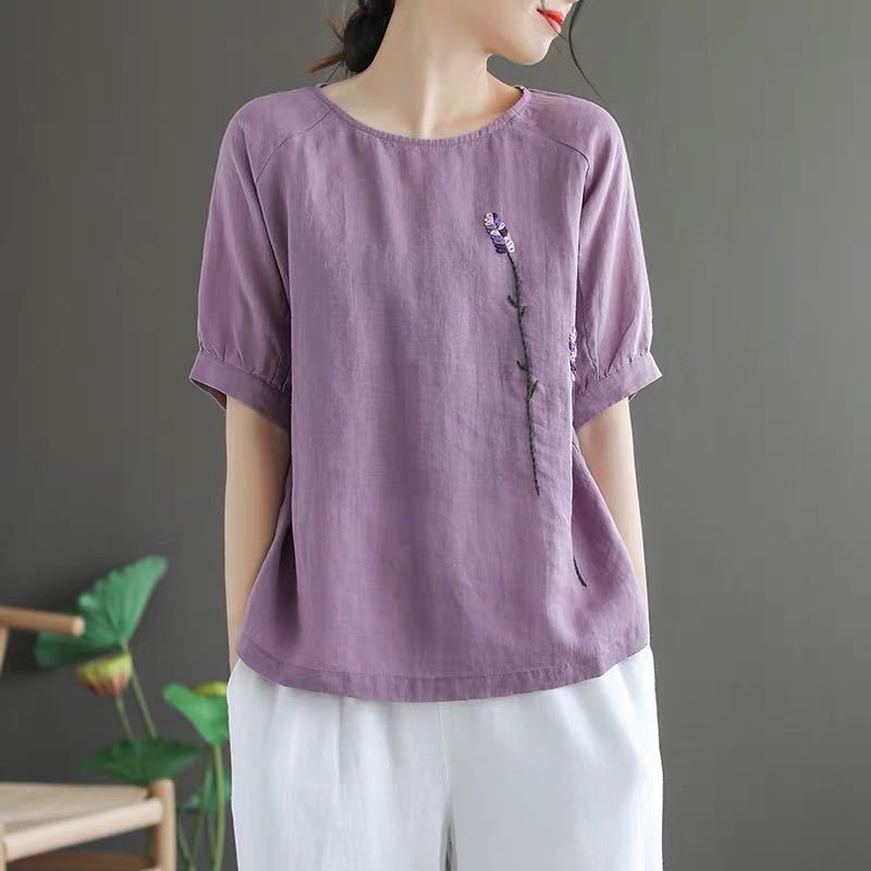 Elegant Embroidery Solid O-neck Fashion Casual T-shirt