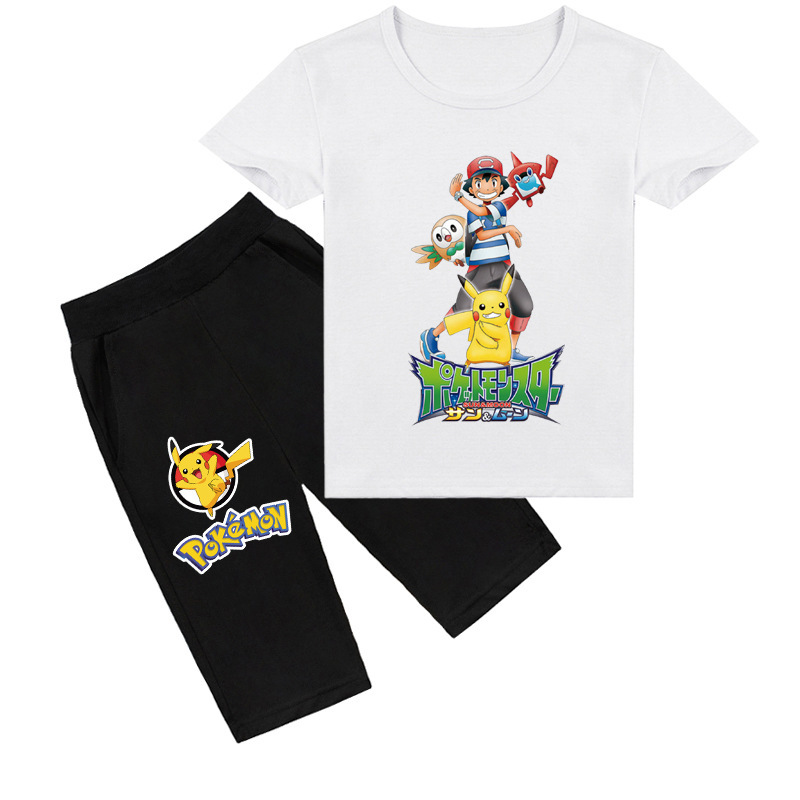 Mayoulove Pikachu Tee & Shorts Set for Kids - Cute Cartoon Characters Printed Design - Ideal for Boys & Girls Aged 3-10 - Breathable & Comfortable Material - Perfect for Casual Wear & Playtime-Mayoulove