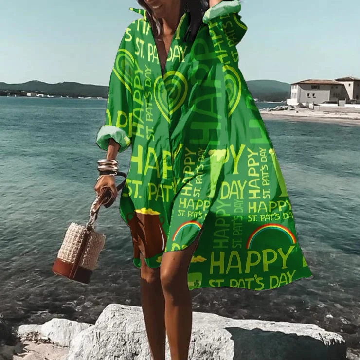 Wearshes St. Patrick'S Day Print Lapel Casual Long Sleeve Midi Dress