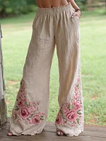 Women's Retro Bohemian Style Pink Rose Art Casual Linen Pants