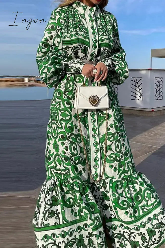 Ingvn - Casual Geometric Printing Mandarin Collar Printed Dress Dresses Green / S Dresses/Boho