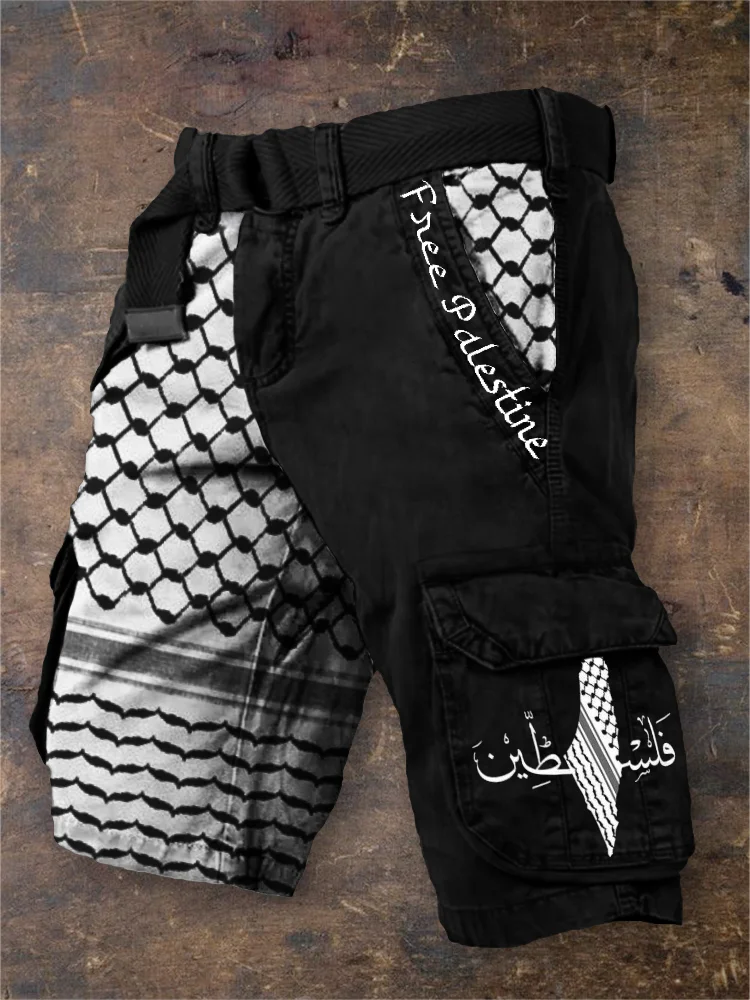 Men's Free Palestine Map & Scarf Inspired Cargo Shorts