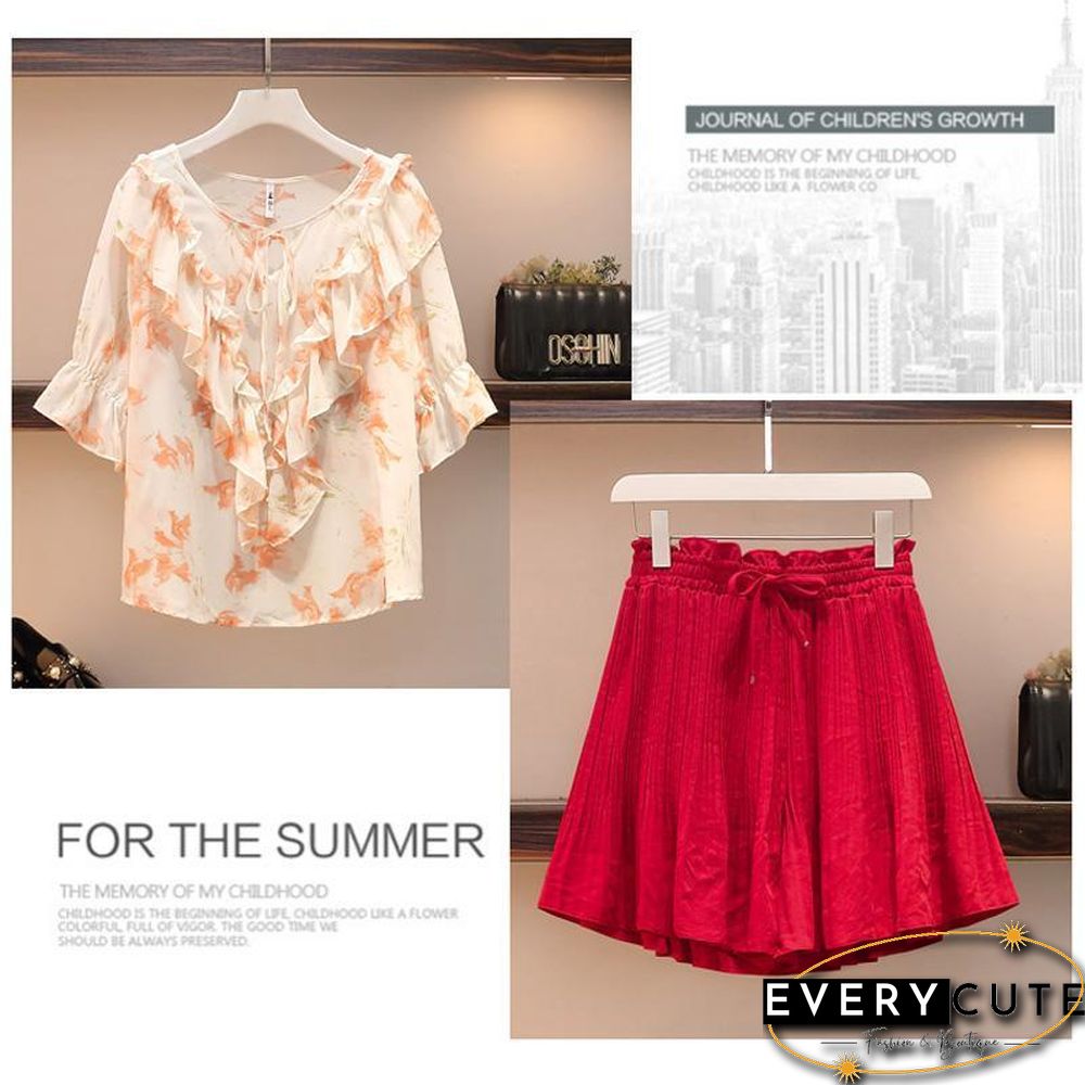 Pastoral Floral Chiffon Blouse + High Waist Shorts P13851