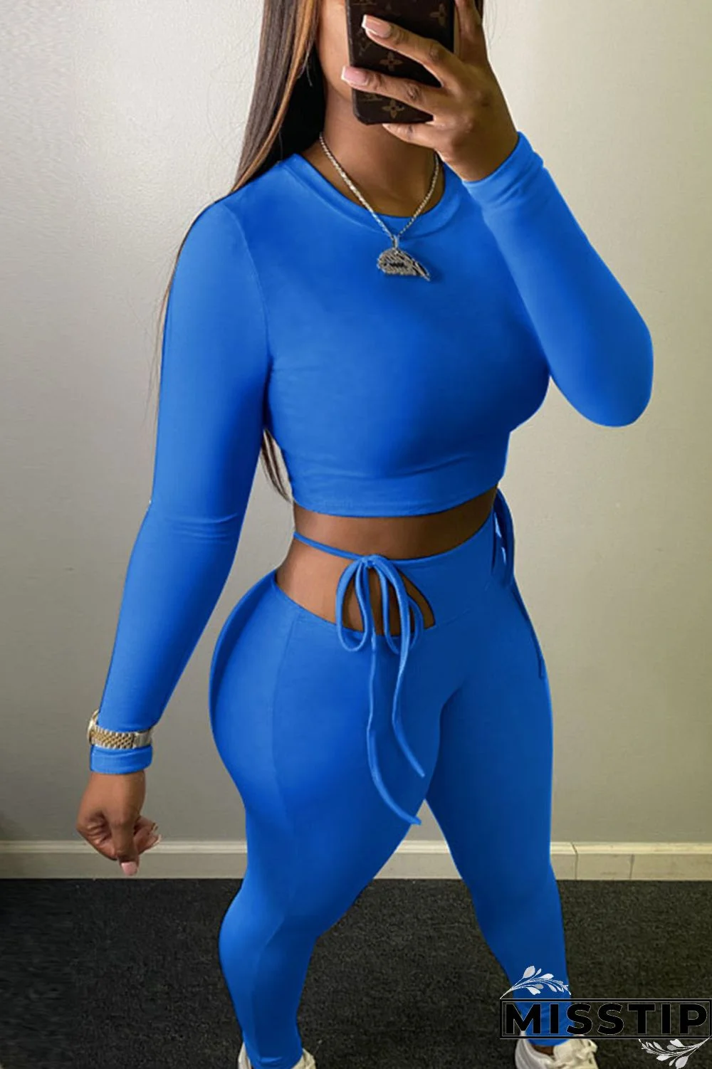 Blue Fashion Sexy Solid Patchwork Frenulum O Neck Long Sleeve Two Pieces