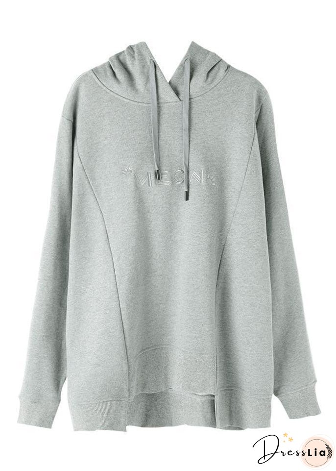Simple Grey Asymmetrical Graphic Print Drawstring Cotton Sweatshirt Long Sleeve