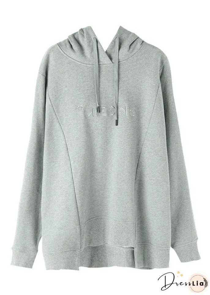 Simple Grey Asymmetrical Graphic Print Drawstring Cotton Sweatshirt Long Sleeve