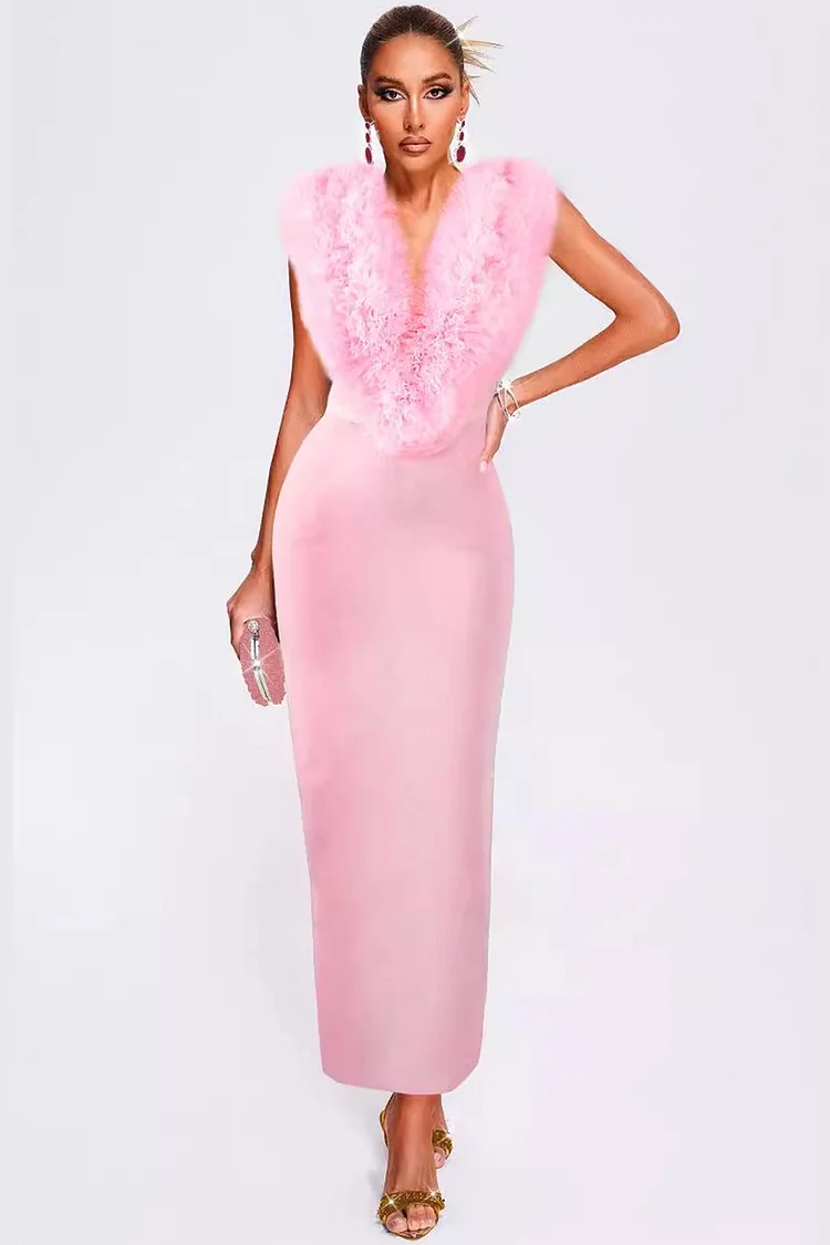 Mesh Floral V Neck Sleeveless Bodycon Maxi Dress-Pink
