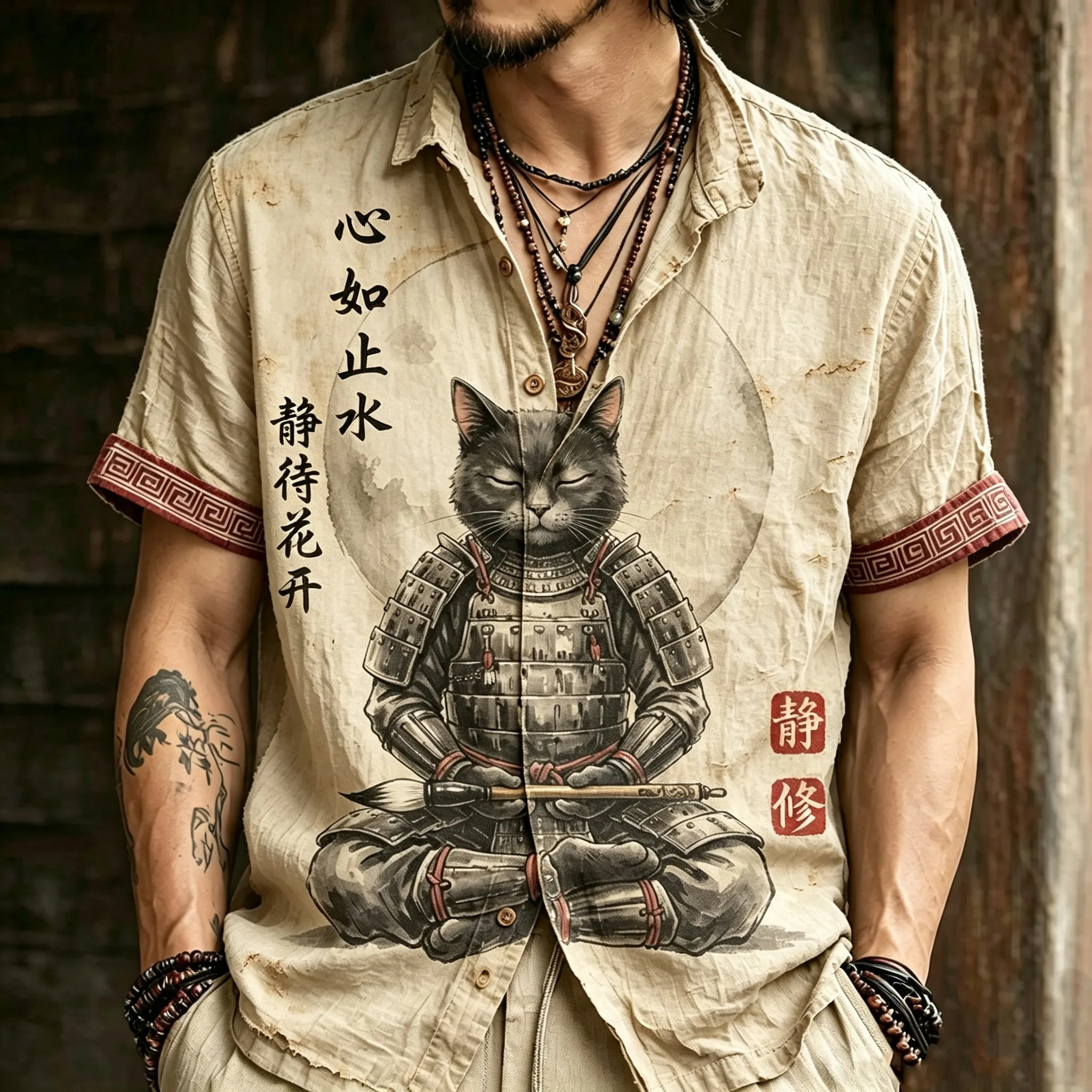 Men's Japanese Ink Painting Warrior Cat Art Pattern Casual Shirt  artssus