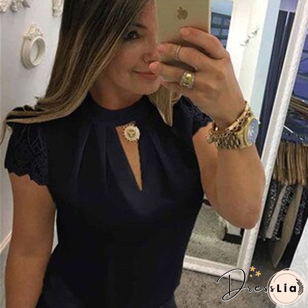 Lace Stitching Top Sexy Shirt Summer Women's Chiffon Top Stand-up Collar Lace Short-sleeved Elegant Ladies Shirt